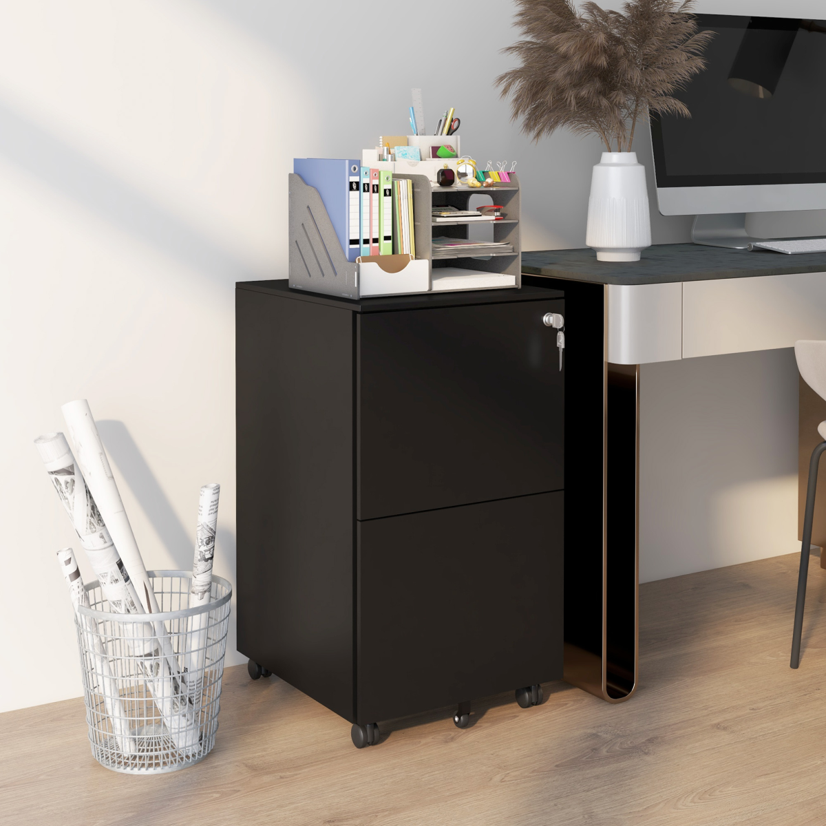 Vinsetto 2 Drawer Lockable Steel File Cabinet with Hanging Bar – Secure Home Office Storage