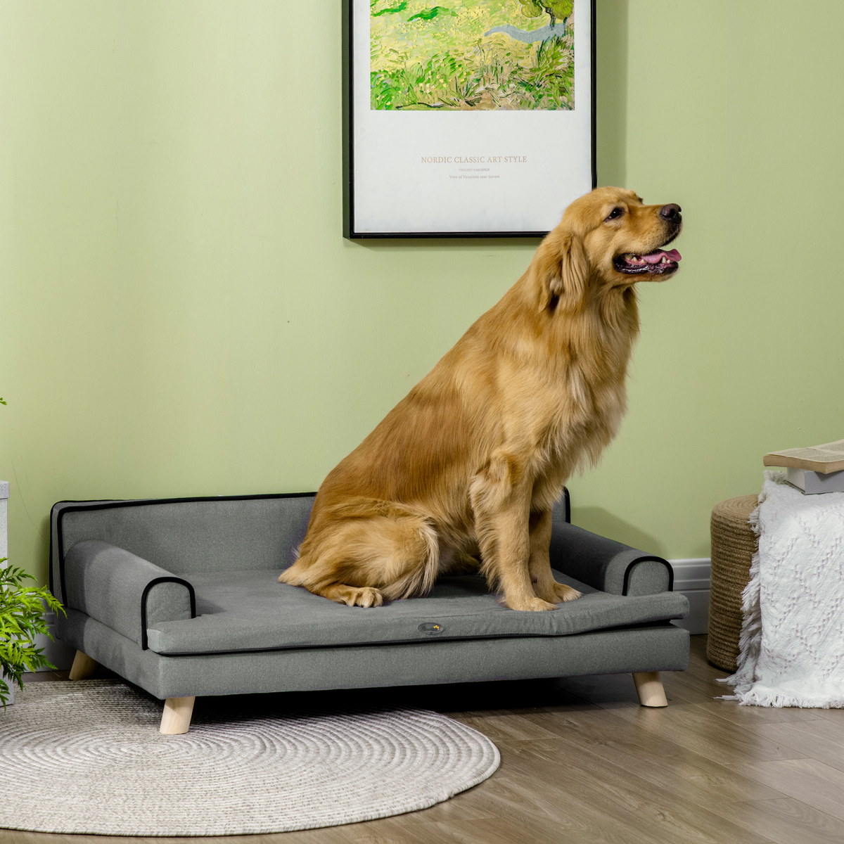 PawHut Pet Sofa Bed with Plush Cushion & Pine Legs – Water-Resistant Dog Couch for Medium & Large Dogs, Grey