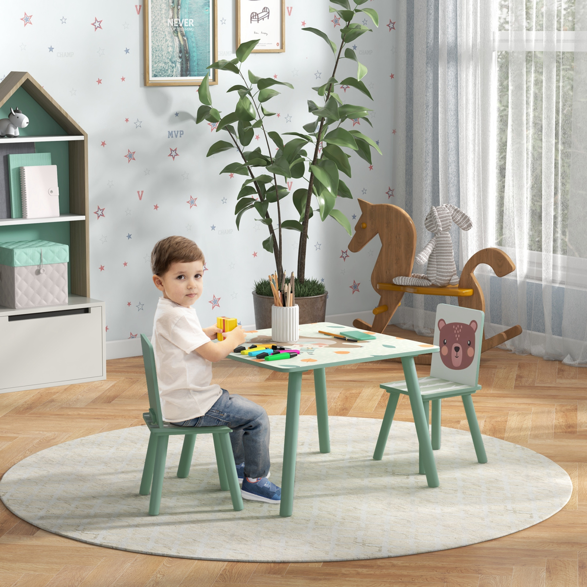 ZONEKIZ Kids Table and 2 Chairs Set with Rounded Edges – Children's Desk for Arts, Crafts & Homework, Green
