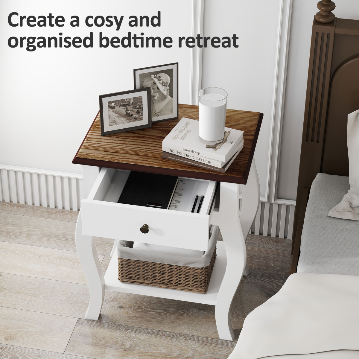 Set of 2 Bedside Tables with Drawer and Open Shelf – Bedroom Nightstands with Oak Effect Top, White