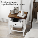 Set of 2 Bedside Tables with Drawer and Open Shelf – Bedroom Nightstands with Oak Effect Top, White