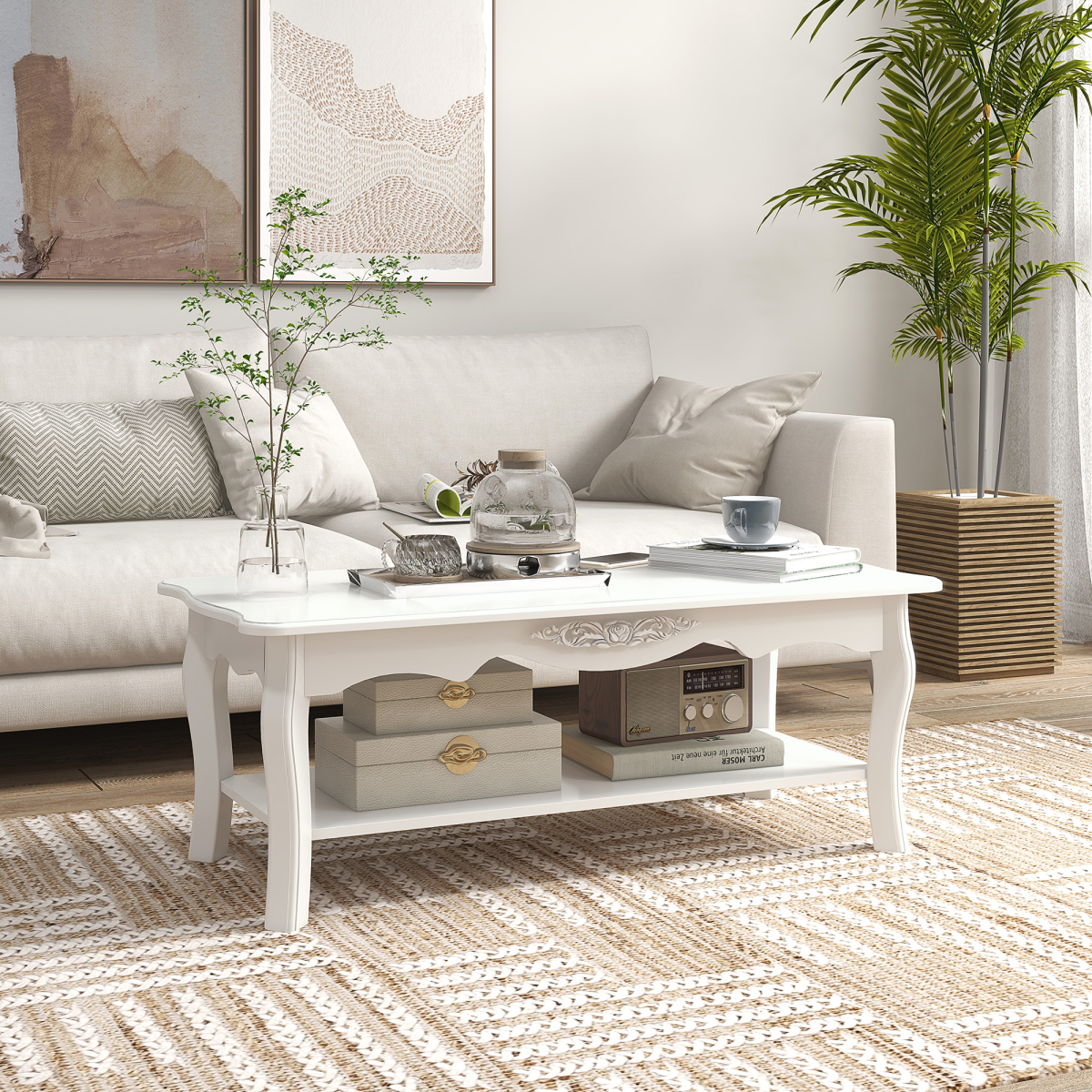 HOMCOM Modern Coffee Table with Magazine Shelf and Curved Legs – Lightweight Living Room Table, White
