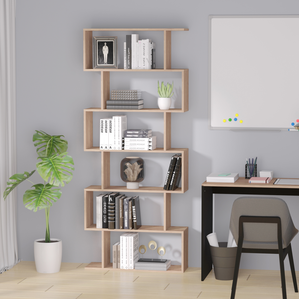 6-Tier Wooden S-Shaped Shelf Storage Unit – Distinctive Bookcase for Books & Décor, Maple