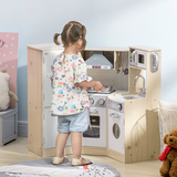 HOMCOM Corner Kids Kitchen with Sound & Light, Phone, Microwave, Oven & Range Hood – Wooden Role Play Set