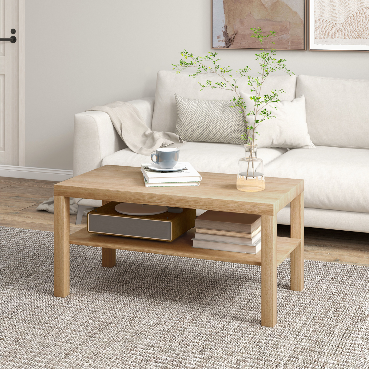 HOMCOM Rectangular Coffee Table with Open Storage Shelf – Wood-Effect Living Room Centre Table, Natural