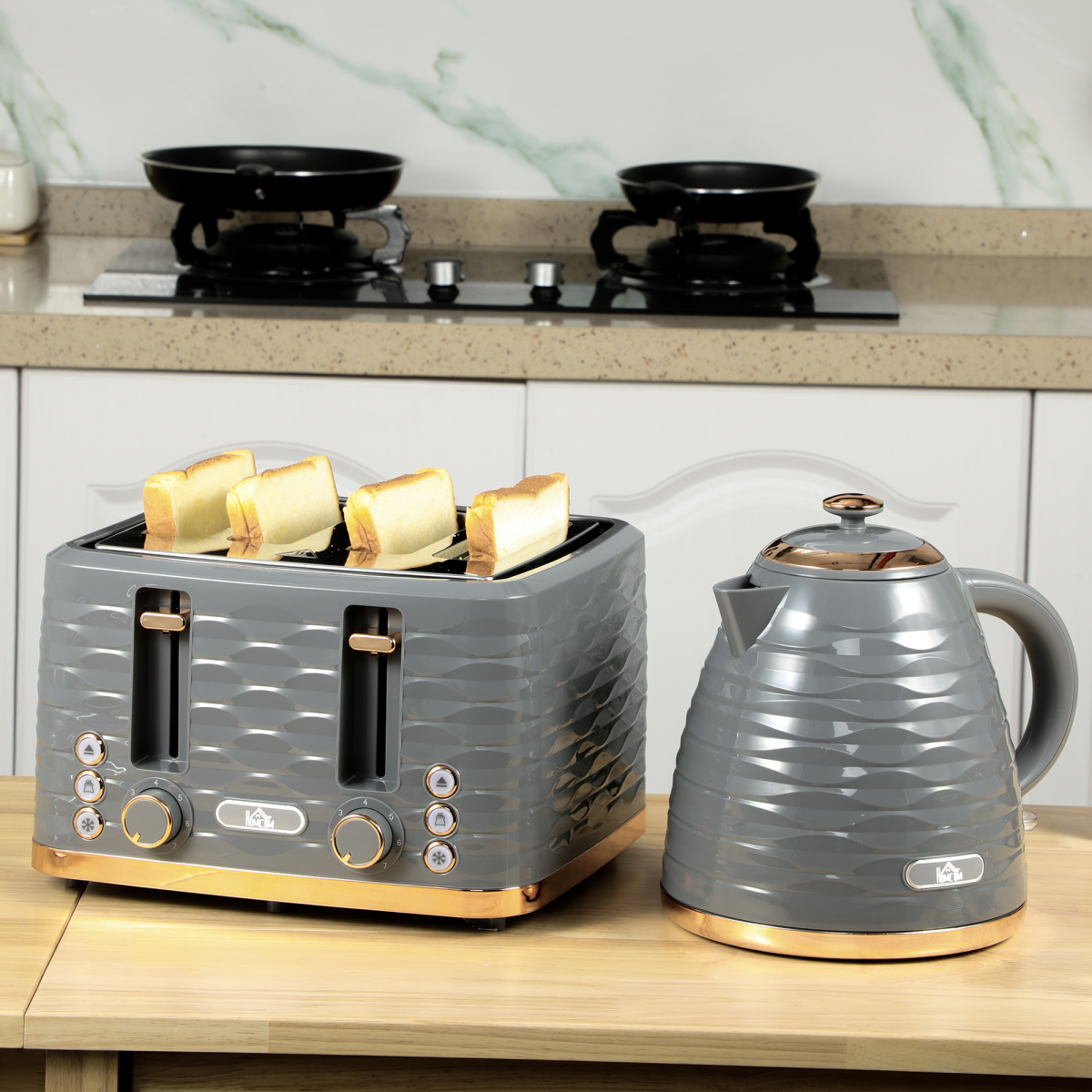 HOMCOM Kettle and Toaster Set with 1.7L Rapid Boil Kettle & 4-Slice Toaster – Matching Breakfast Set, Grey
