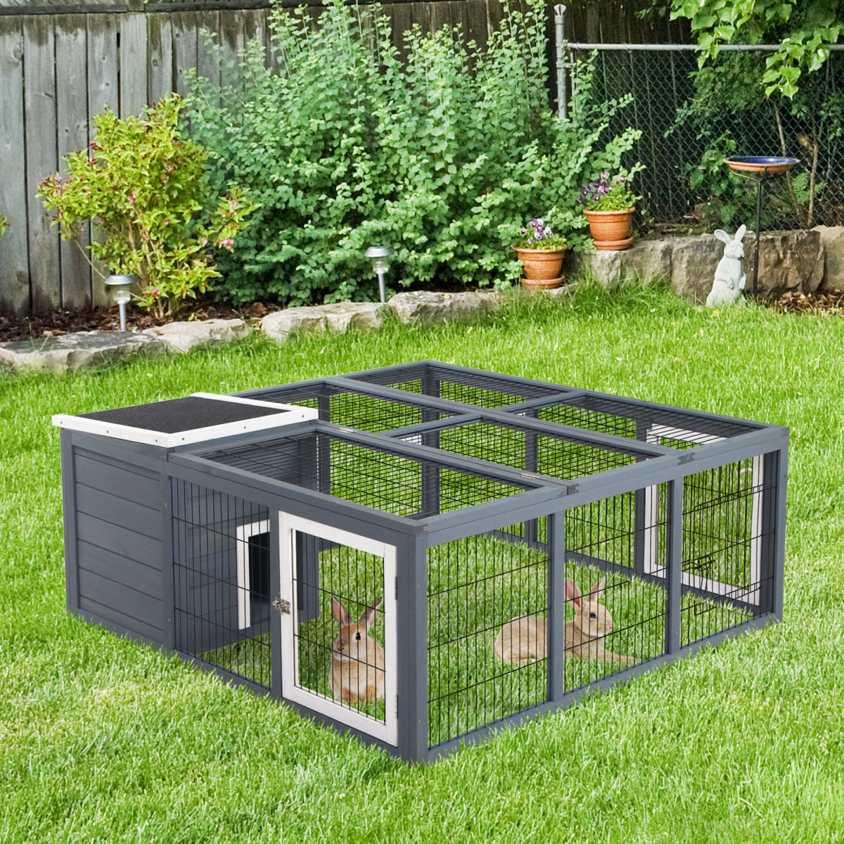PawHut Rabbit Hutch and Run with Openable Main House and Roof – Small Animal Guinea Pig House