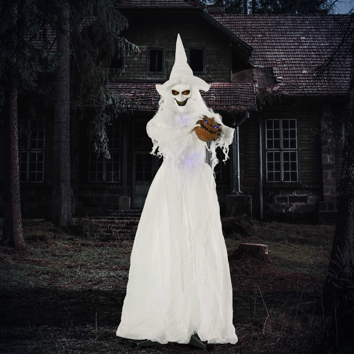 HOMCOM 72 Inch Halloween White Witch Holding Pumpkin – Button-Activated Light-Up Skeleton Ghost Decoration
