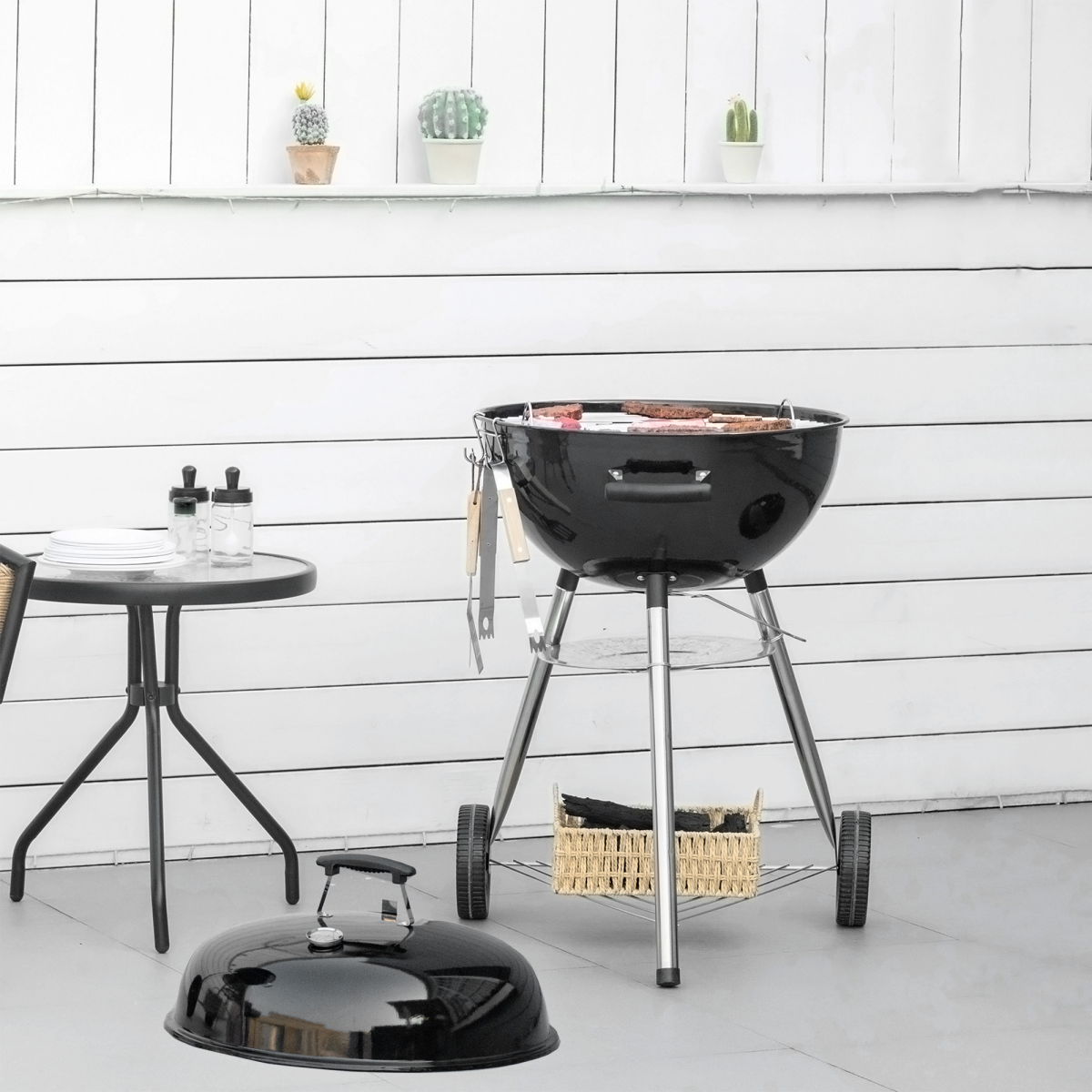 Outsunny Portable Kettle Charcoal BBQ Grill & Smoker with Lid, Thermometer, Wheels & Cover – Black