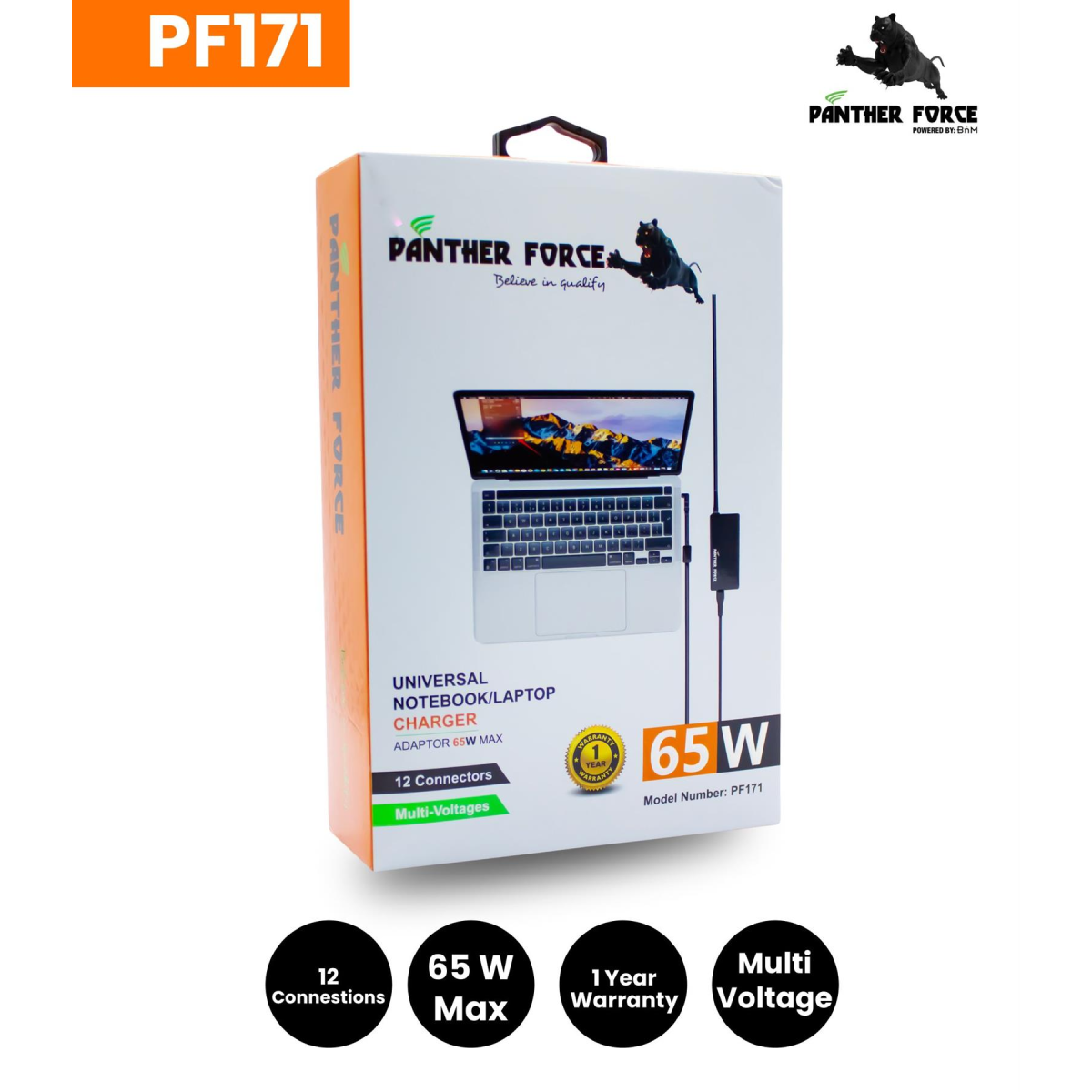 Panther Force 65W Universal Laptop Charger with Smart Tips – Plug and Play, Automatic Voltage Adjustment