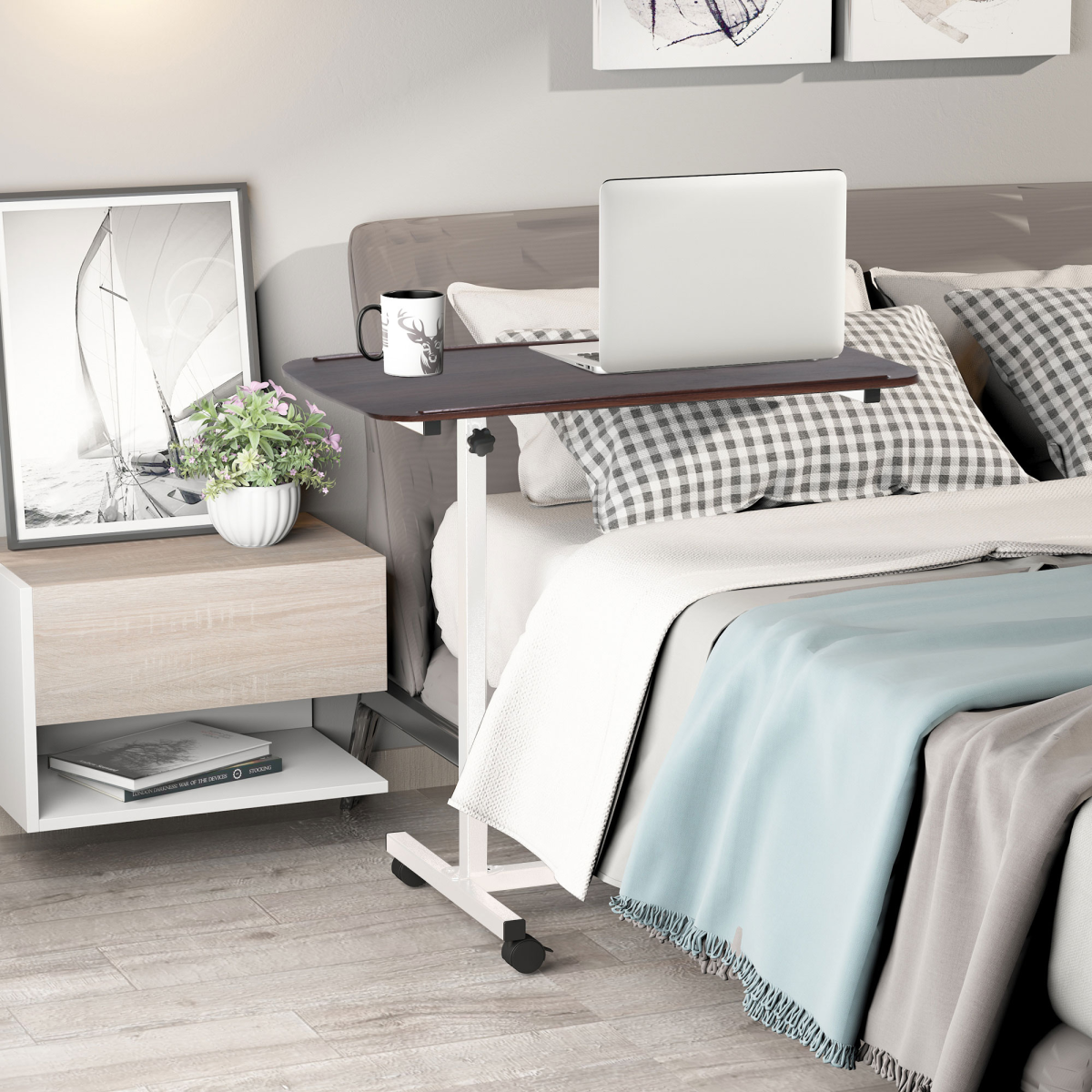 HOMCOM Height-Adjustable Overbed Table with Rolling Casters and Brakes – Sofa Side Table, White and Brown