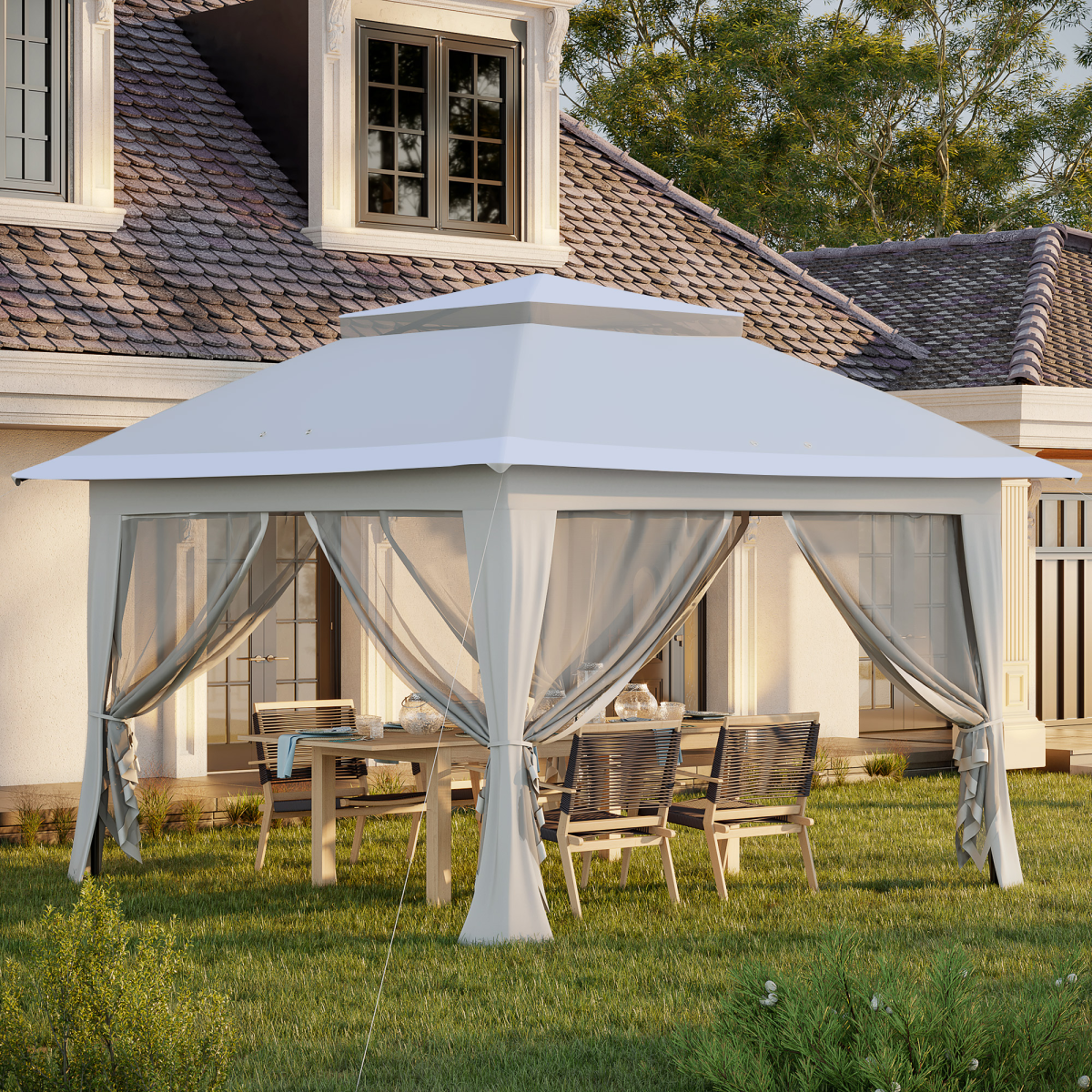 Outsunny 3.6x3m Foldable Pop-Up Party Canopy with Steel Frame, Mesh Sidewalls & Roller Bag