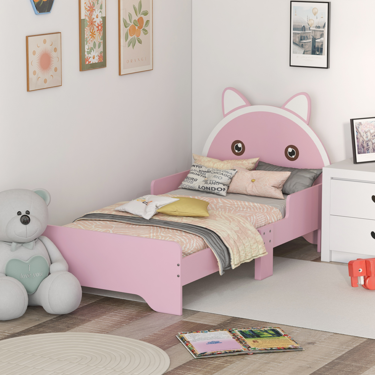 ZONEKIZ Toddler Bed Frame with Cat Design and Guardrails – Low Kids Bed for Ages 3–6, Pink