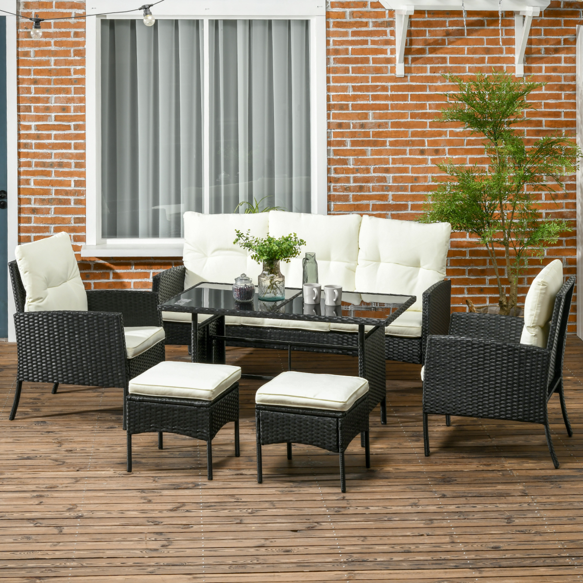 Outsunny 6-Piece Rattan Garden Sofa Set with 2 Armchairs, 2 Footstools & Glass-Top Table – Padded Cushions, White
