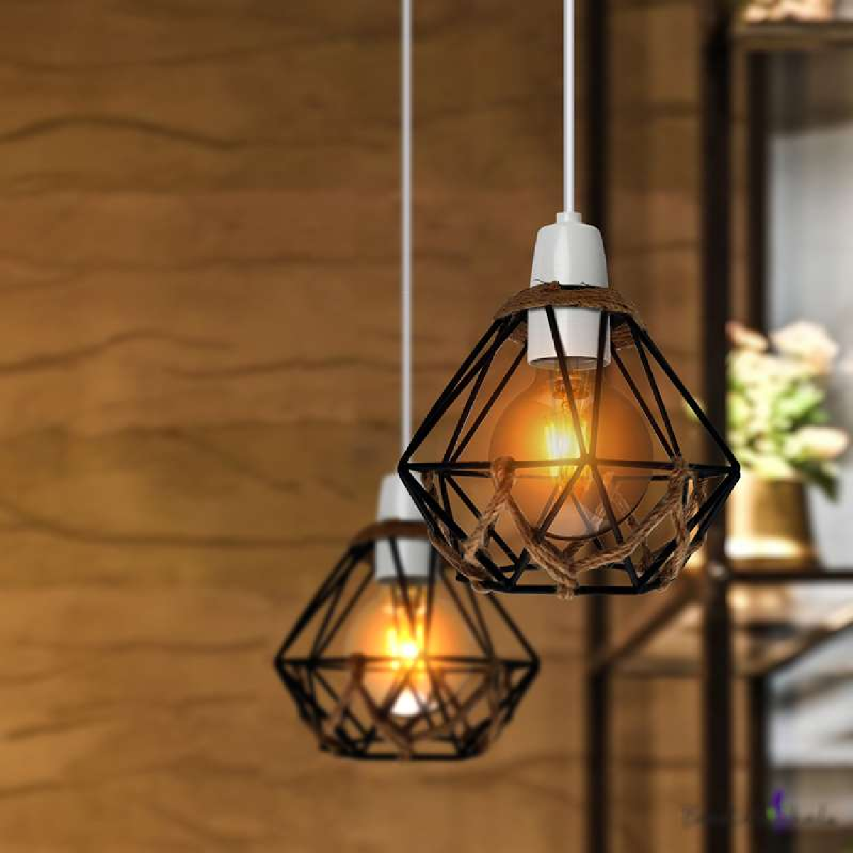 LEDSone Vintage Diamond Hemp Rope Lampshade with Reducer Ring – Metal Cage Pendant Light Shade, Black