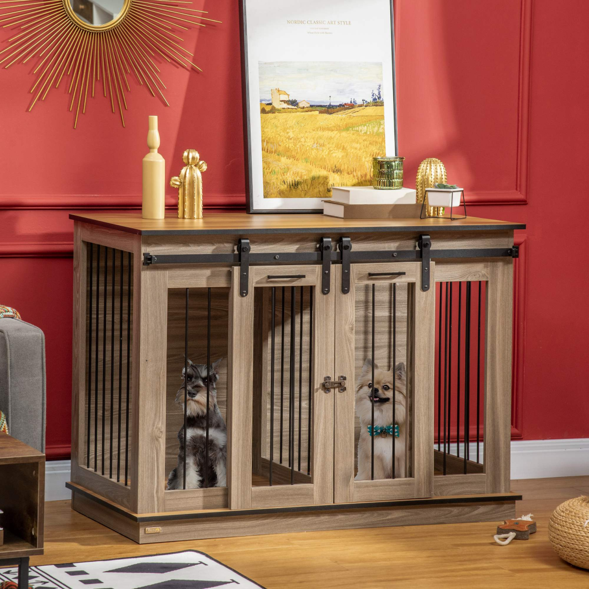 PawHut Dog Crate Furniture with Double Room Divider & Lockable Doors – Side Table Cage, Oak Tone