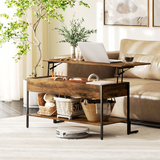 HOMCOM Industrial Lift Top Coffee Table with Hidden Storage Compartment & Open Shelf – Rustic Brown