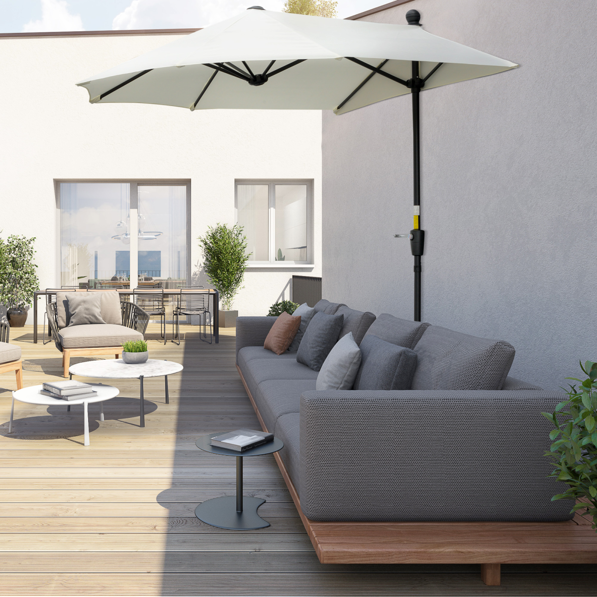 Outsunny 2m Half Parasol with Double Canopy, Crank Handle & Cross Base – Balcony & Patio Wall Shade, Cream White
