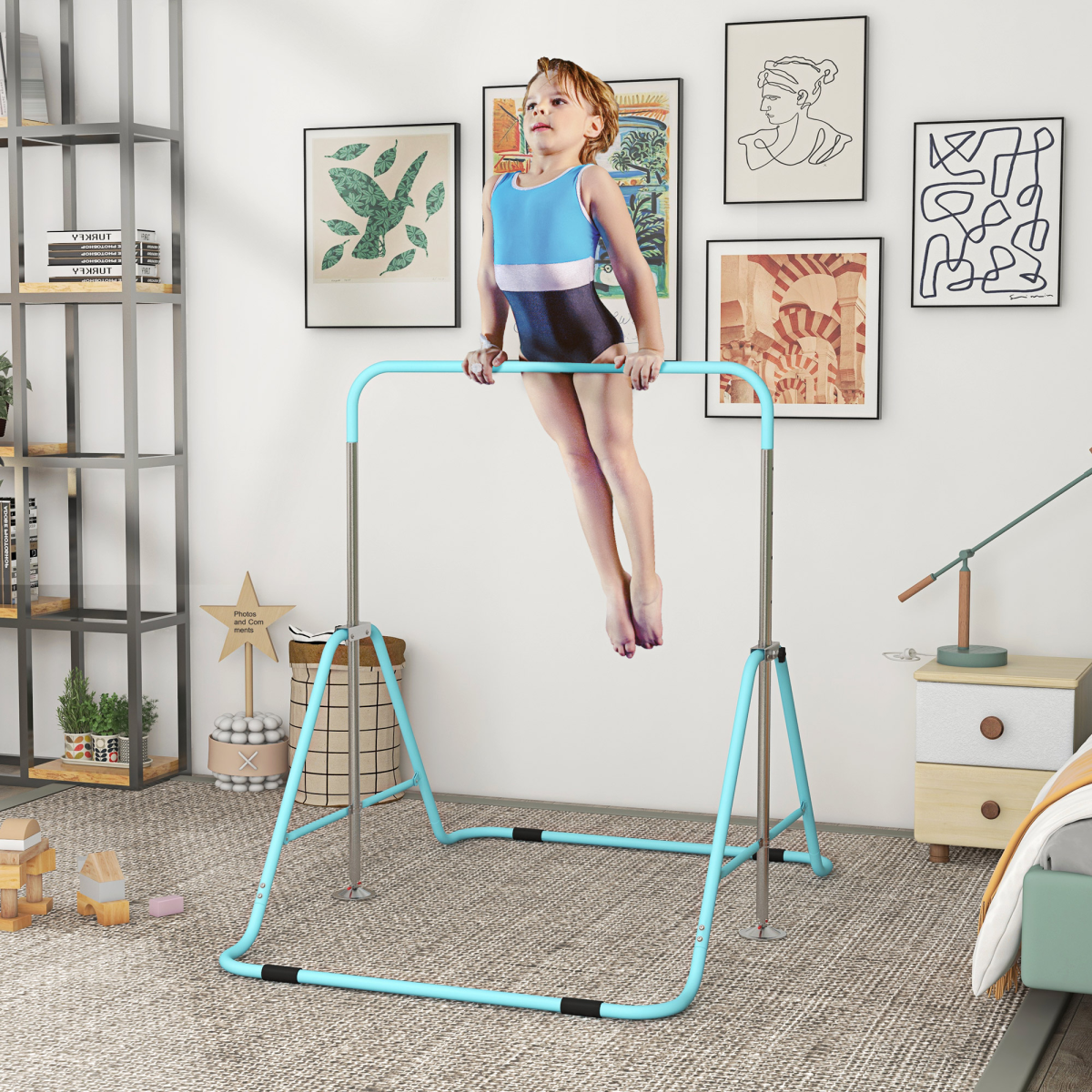 HOMCOM Kids Gymnastic Bar with Adjustable Height 88–128cm, Foldable Steel Frame – Indoor & Outdoor Training Bar