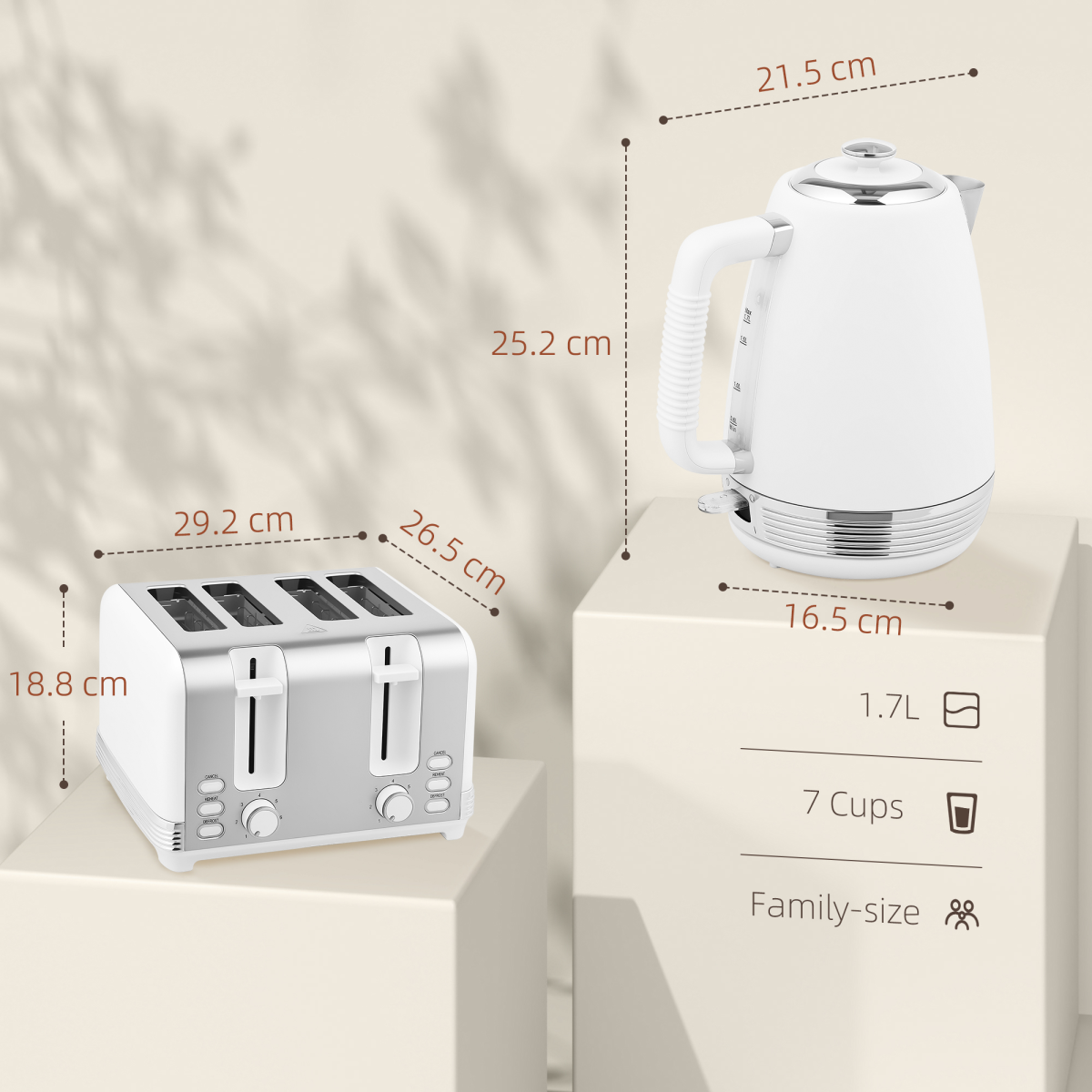 Kettle and 4-Slice Toaster Set, 1.7L 3000W Stainless Steel Kettle, White and Silver