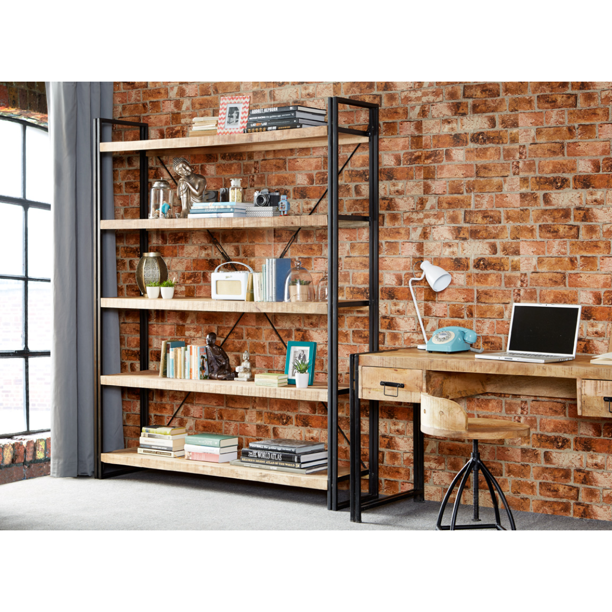 Cosmo Industrial Large Open Bookcase in Solid Mango Wood & Reclaimed Metal – Hand-Crafted Eco-Friendly Shelving