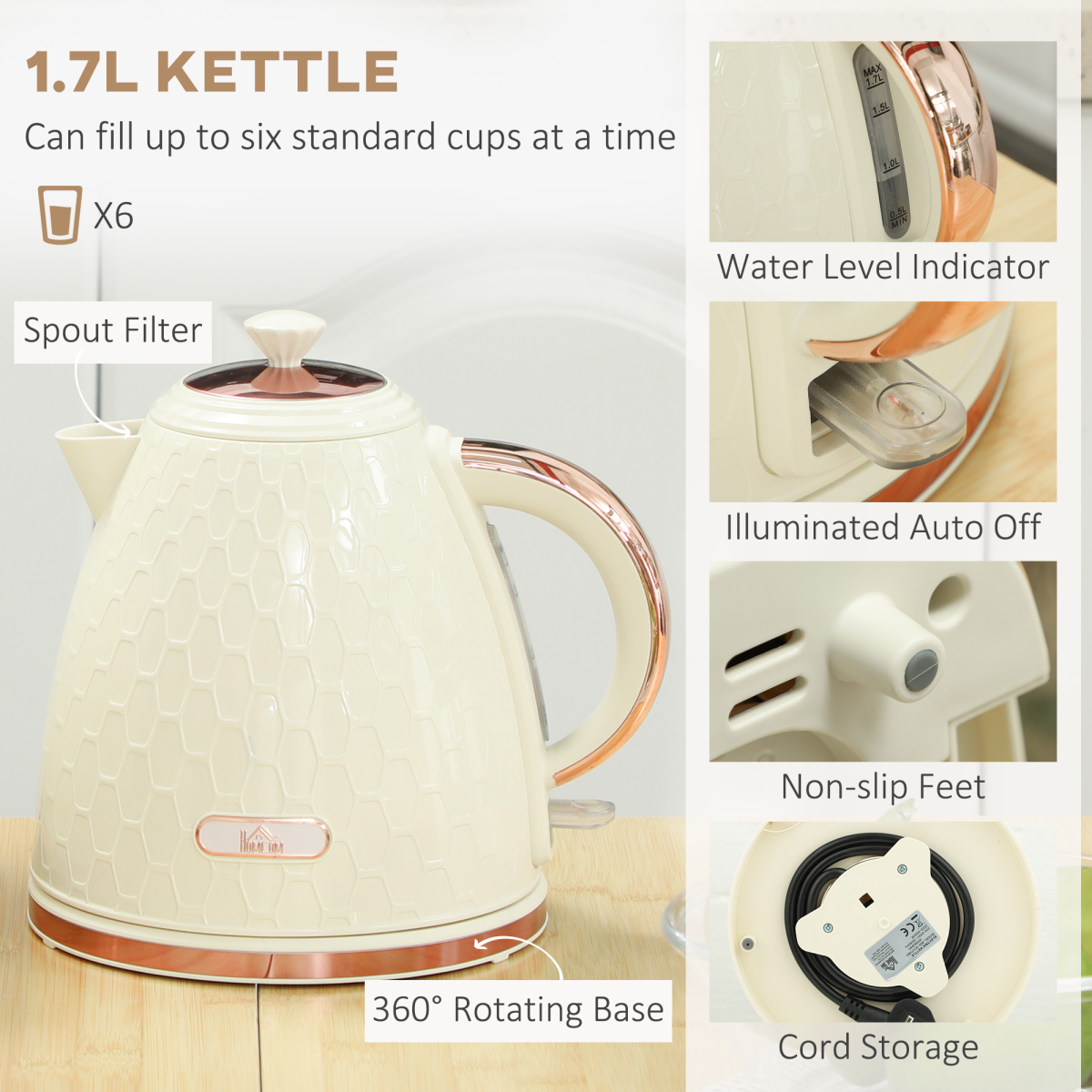 Honeycomb 1.7L Fast Boil Kettle & 2-Slice Toaster Set – Matching Breakfast Set with 7 Browning Settings