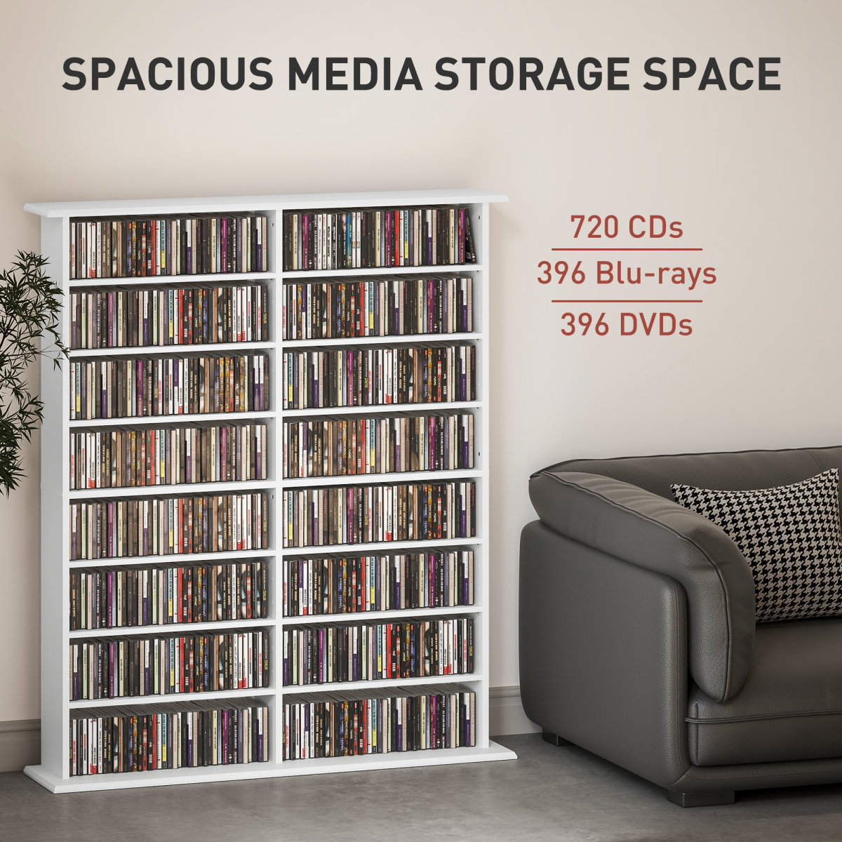 CD & DVD Storage Unit with 16 Compartments & Adjustable Shelves – Slim Media Shelf for 720 CDs, White