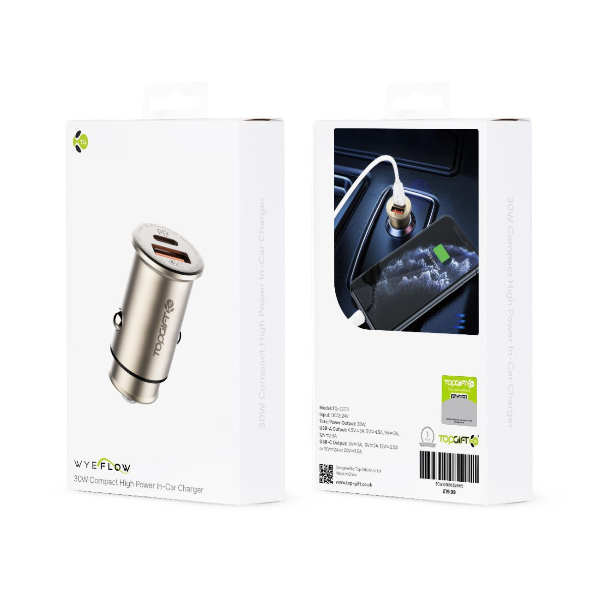 WYEFLUX 30W Compact In-Car Charger with USB-A and USB-C Ports – High Power Fast Charging