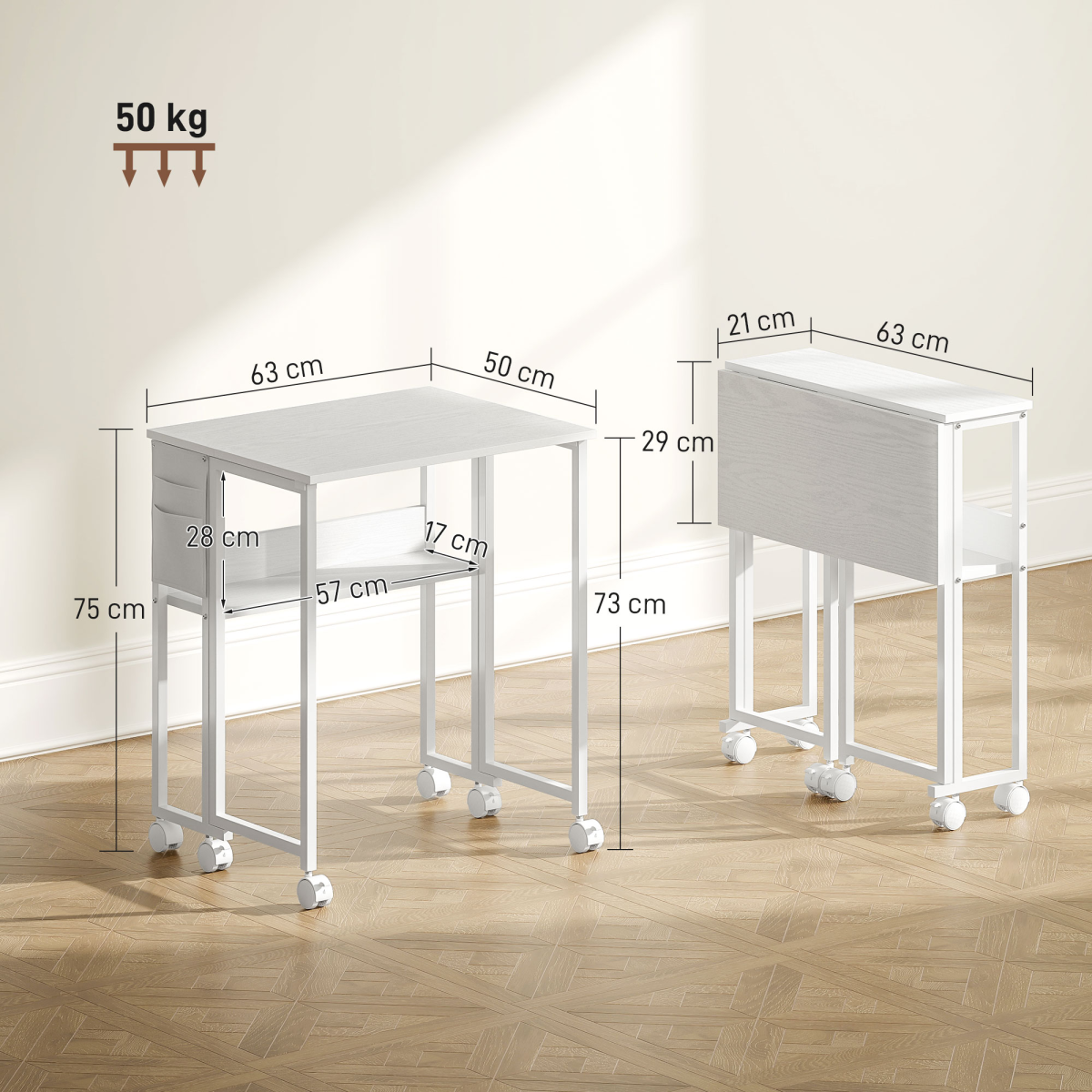 Folding Drop Leaf Writing Desk with Lower Shelf & Storage Bag – Mobile Desk on Wheels, Natural Wood Finish & White