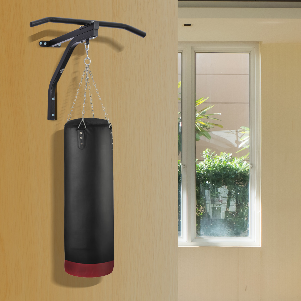 HOMCOM Wall Mounted Punch Bag Bracket with Pull Up Bar & Swivel Chain, 130kg – Steel Boxing Hanger, Black