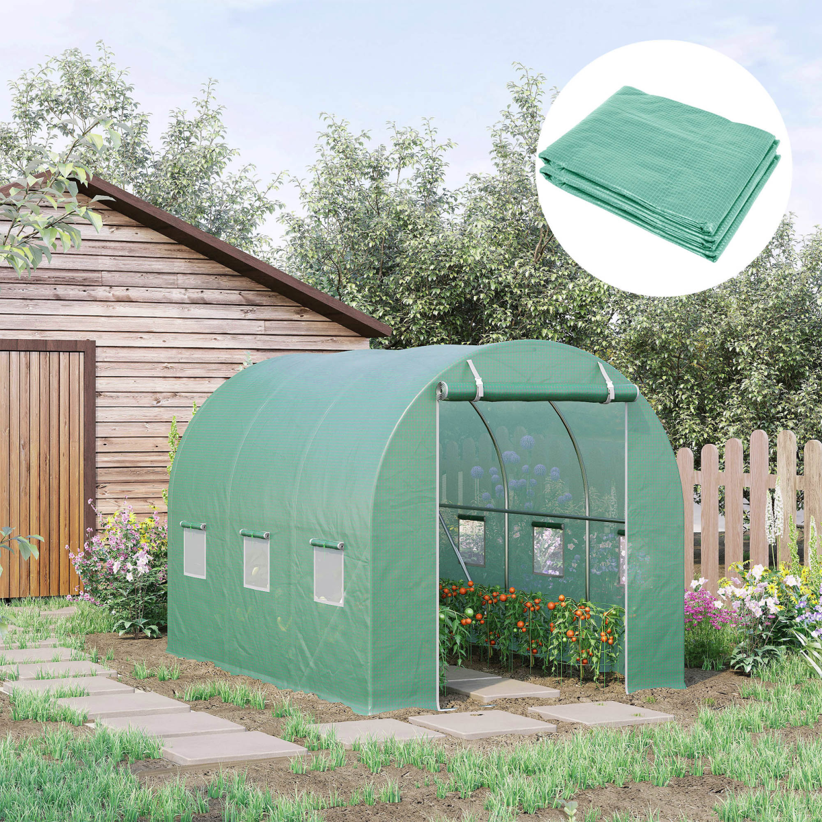 Outsunny 10 x 7ft Greenhouse Replacement Cover with Roll-Up Door & 6 Windows – Tunnel Greenhouse Cover