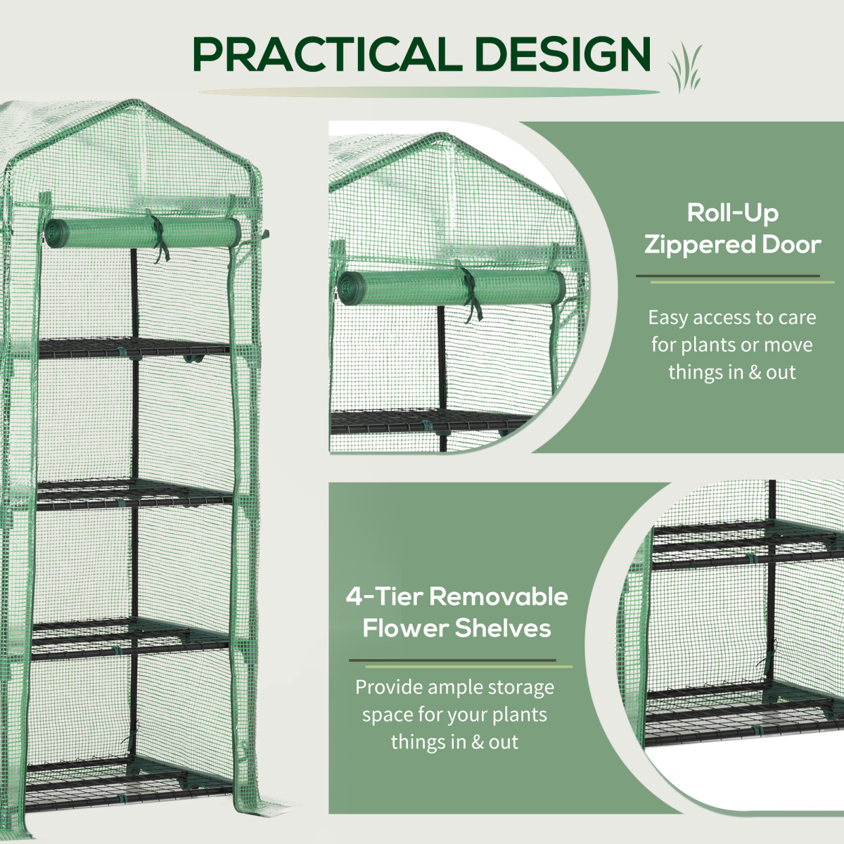 4-Tier Mini Greenhouse with Zipped Roll-up Door – Steel Frame Plant Grow House, 70 x 50 x 160cm, Dark Green