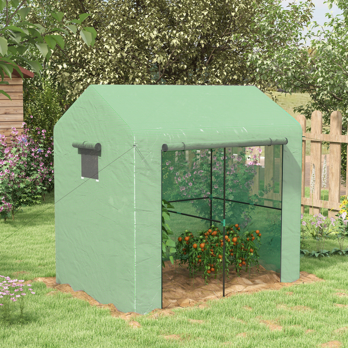 Outsunny 200x140x200cm Walk-In Greenhouse with Roll-Up Door & Mesh Windows – Two-Room Steel Frame Polytunnel, Green