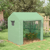 Outsunny 200x140x200cm Walk-In Greenhouse with Roll-Up Door & Mesh Windows – Two-Room Steel Frame Polytunnel, Green
