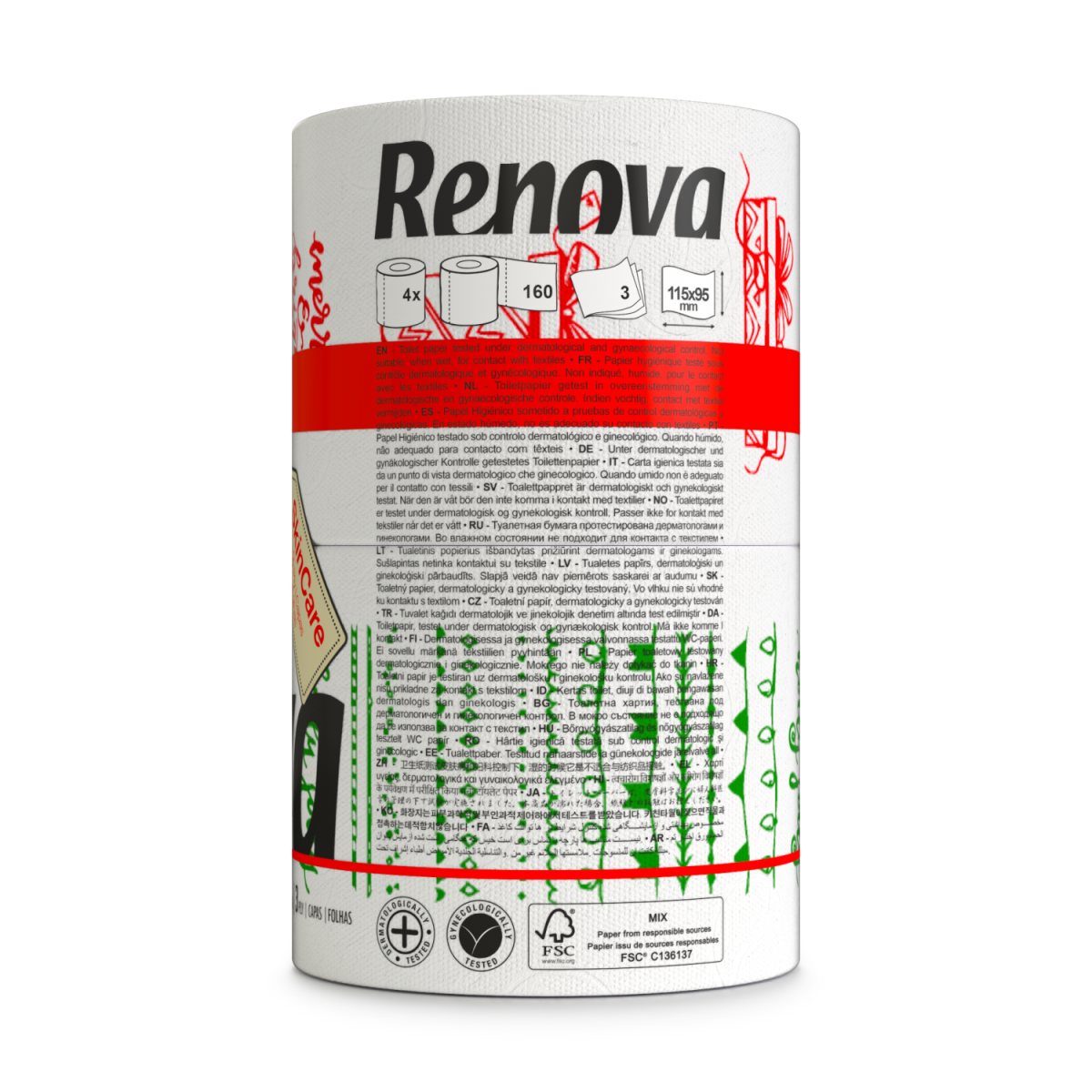 Renova Christmas Toilet Rolls 4 Pack – Festive Illustrated Soft White Tissue, 160 Sheets per Roll