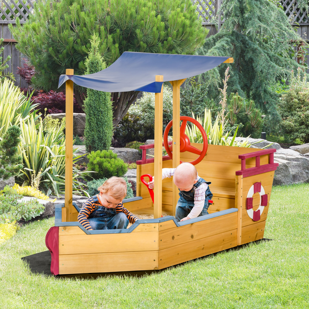 Kids Wooden Pirate Boat Sandpit with Canopy Shade and Storage Bench – Outdoor Sandbox