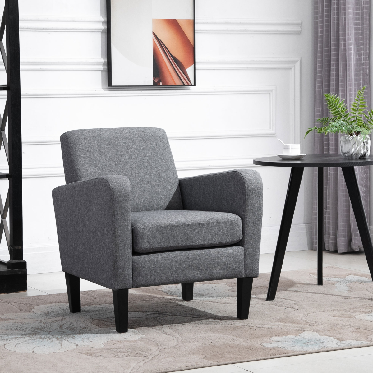 HOMCOM Linen-Look Curved Accent Armchair with Thick Cushion & Solid Wood Legs – Living Room Chair, Grey