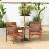 Outsunny Wooden Garden Love Seat Bench with Coffee Table & Parasol Hole – 2 Seater Fir Wood, Tan Brown