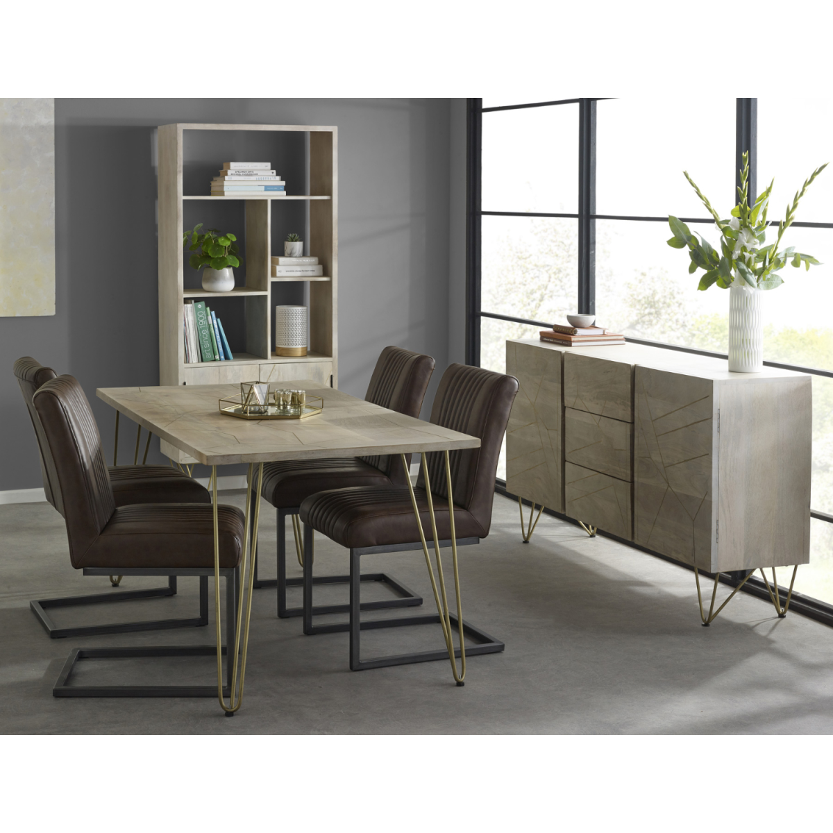 Solid Wood Dining Table with Light Gold Metal Inlay – Modern Dining Room Centrepiece