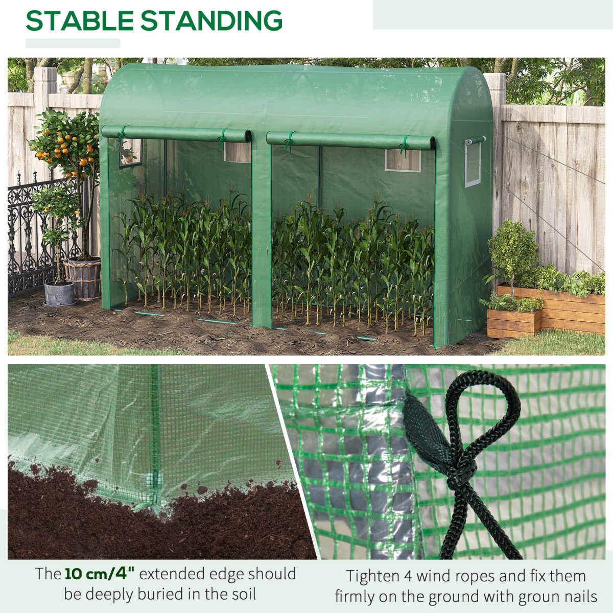 Walk-in Greenhouse with 2 Roll-up Doors & 4 Windows – Galvanised Steel Frame Grow House, 300 x 100 x 200cm, Green