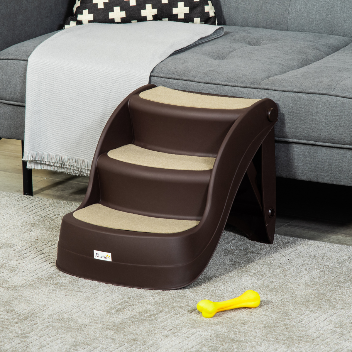 Portable Dog Steps with Non-Slip Feet and Carpeted 3-Step Design – Foldable Pet Stairs for Beds, Brown