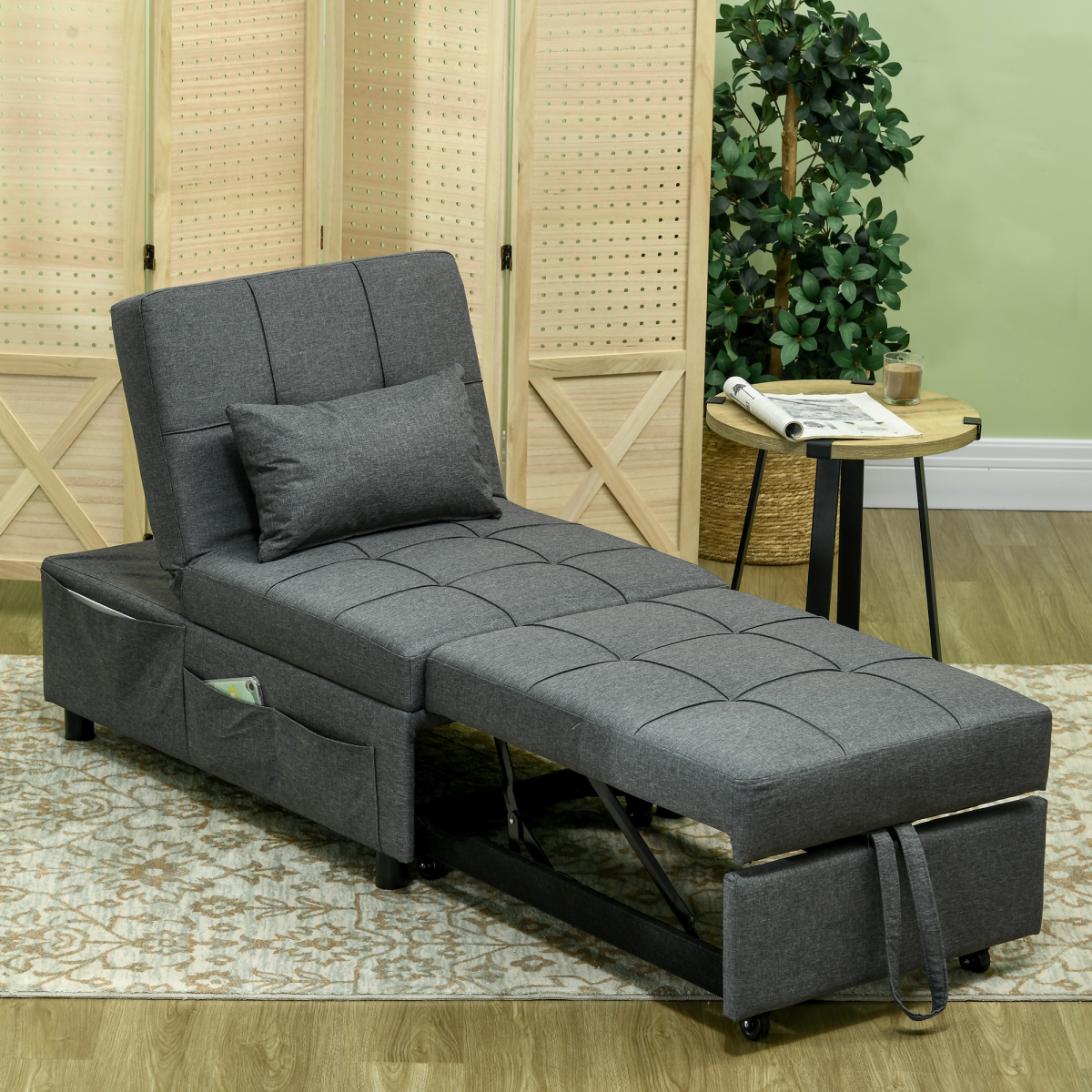 HOMCOM Folding Single Sofa Bed with Adjustable Backrest & Pillow – Sofa, Lounger and Bed in One, Grey