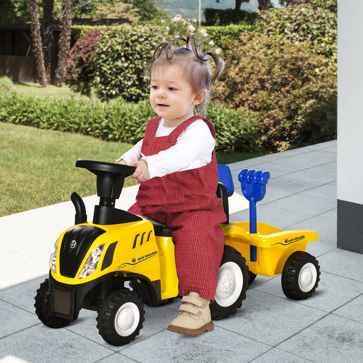 HOMCOM Ride-On Tractor Toddler Walker with Horn, Headlights & Storage Box – Foot-to-Floor Slider, Yellow