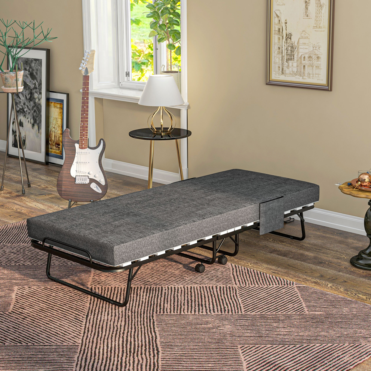 HOMCOM Folding Guest Bed with Mattress, Wheels & Dust Cover – Compact Spare Bed, Dark Grey