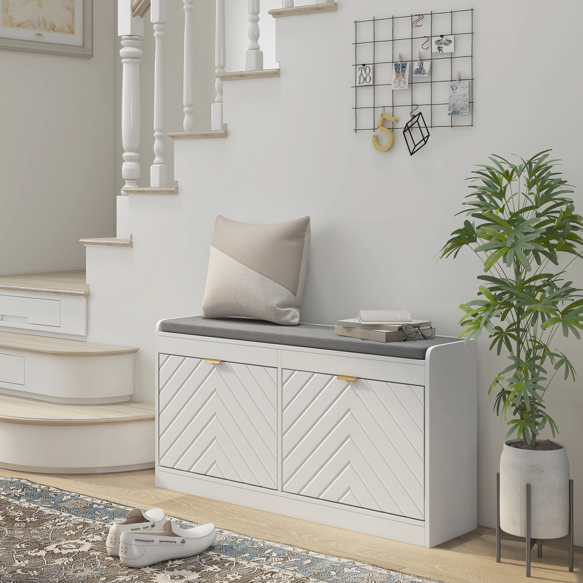 HOMCOM Shoe Bench with 2 Flip Drawers & Padded Cushion – 8 Pairs Hallway Seating & Storage, White