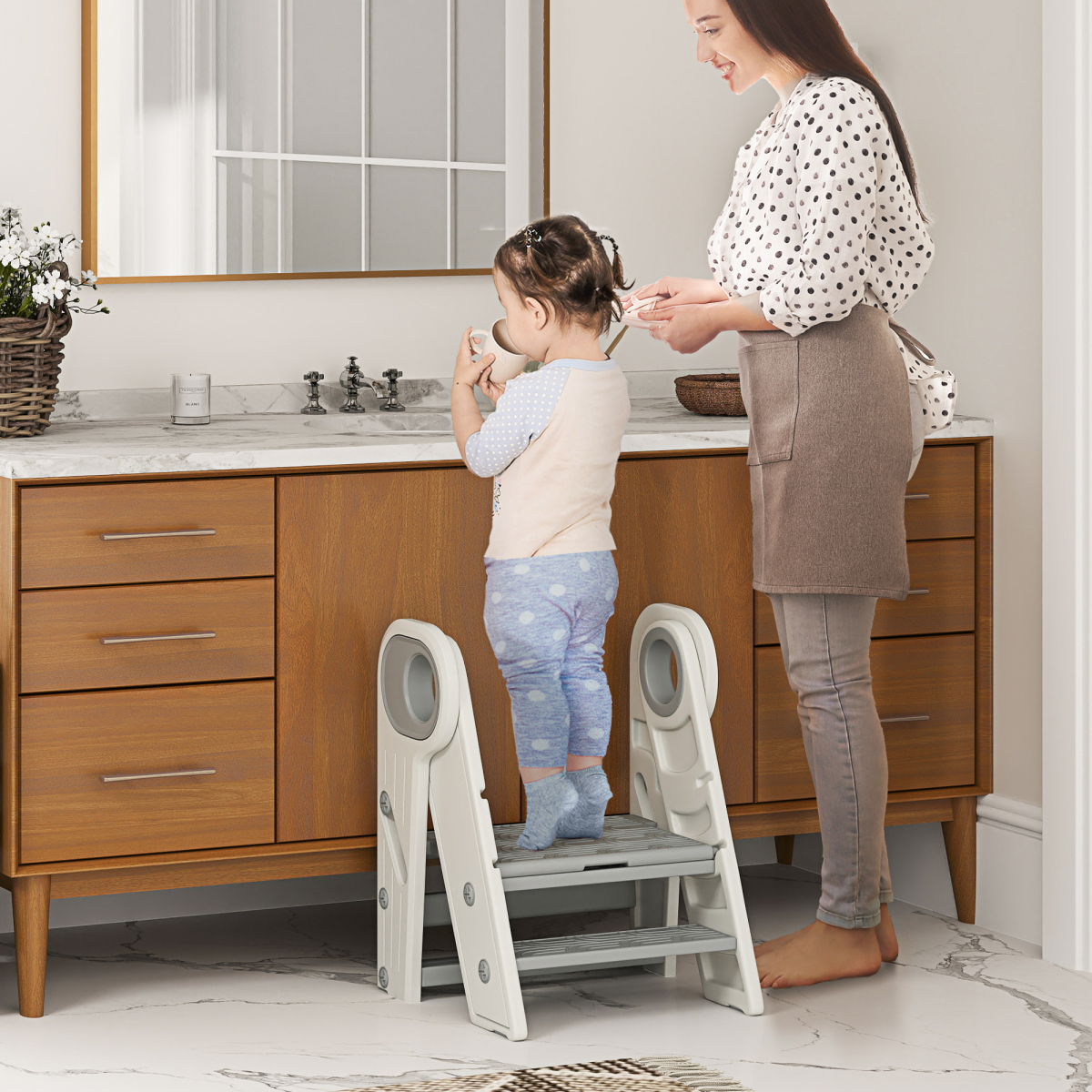 AIYAPLAY Foldable Toddler Tower with Adjustable Height, Handle and Non-Slip Steps – Kitchen Helper Stool, Grey