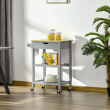 HOMCOM Kitchen Trolley Utility Cart with Solid Rubberwood Worktop, Drawer & Towel Rack