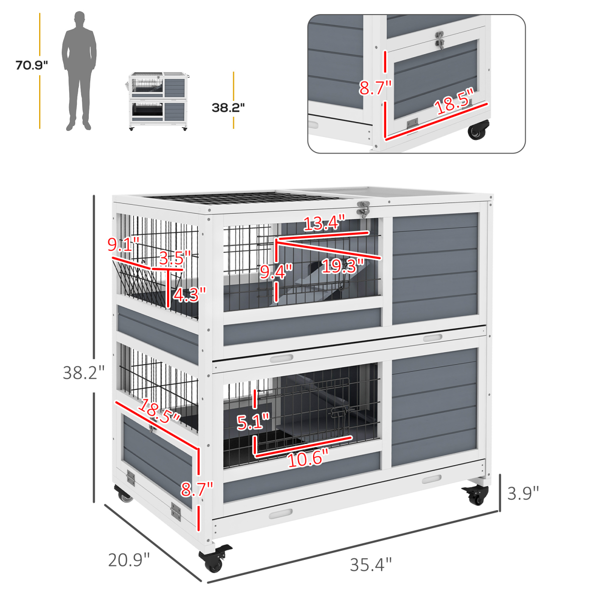 Double-Decker Rabbit Hutch Playpen Cage with Ramps, Sliding Trays & Feeding Trough – Indoor Small Animal Home for 1–2 Rabbits, White & Grey