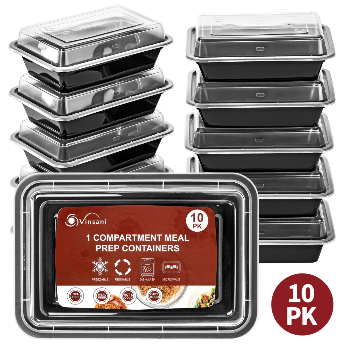 VINSANI 20-Pack Single Compartment Meal Prep Containers with Lids – Airtight Stackable Lunch Boxes