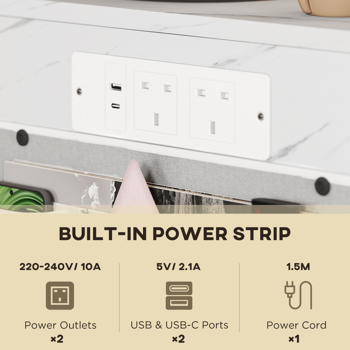 C-Shaped Side Table with Charging Station, USB Ports & Storage Bags – Sofa Side Table, White Marble Effect